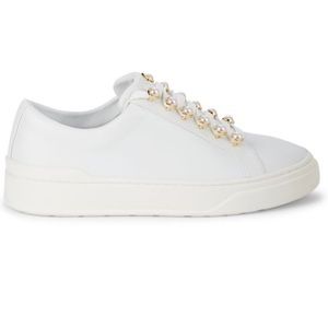 Excelsa Faux Pearl-Embellished Leather Sneakers, Faux pearl details.